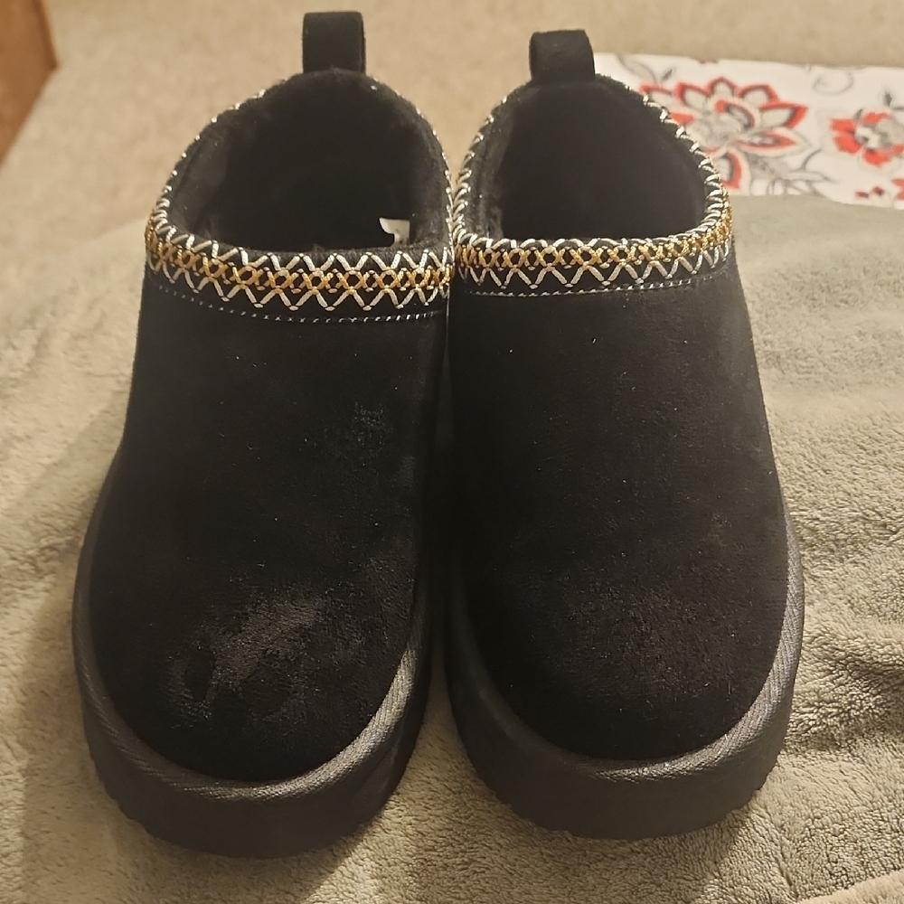 Liliana Black Suede Slip-Ons with Gold Detailing